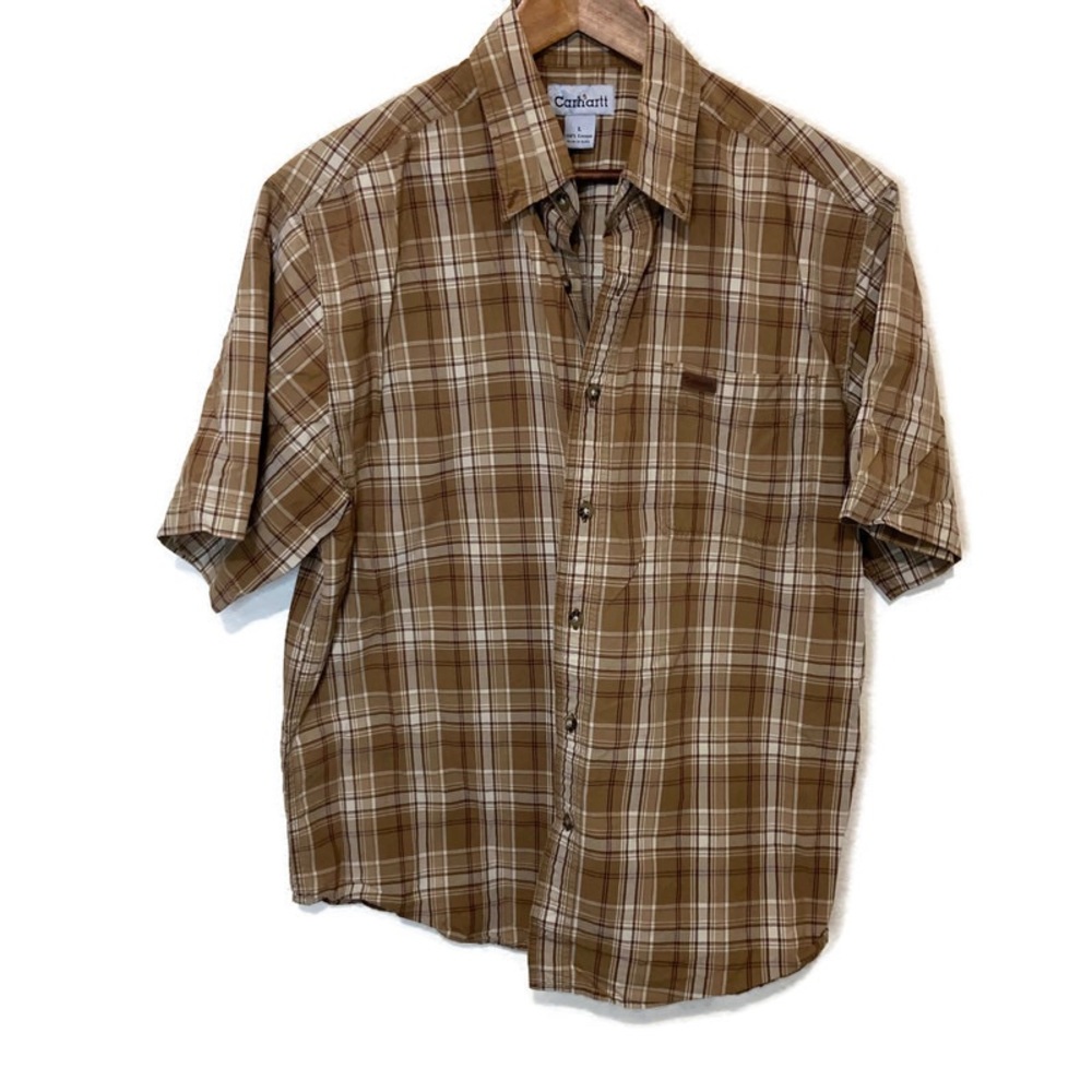 Carhartt men’s Large plaid tan button down shirt